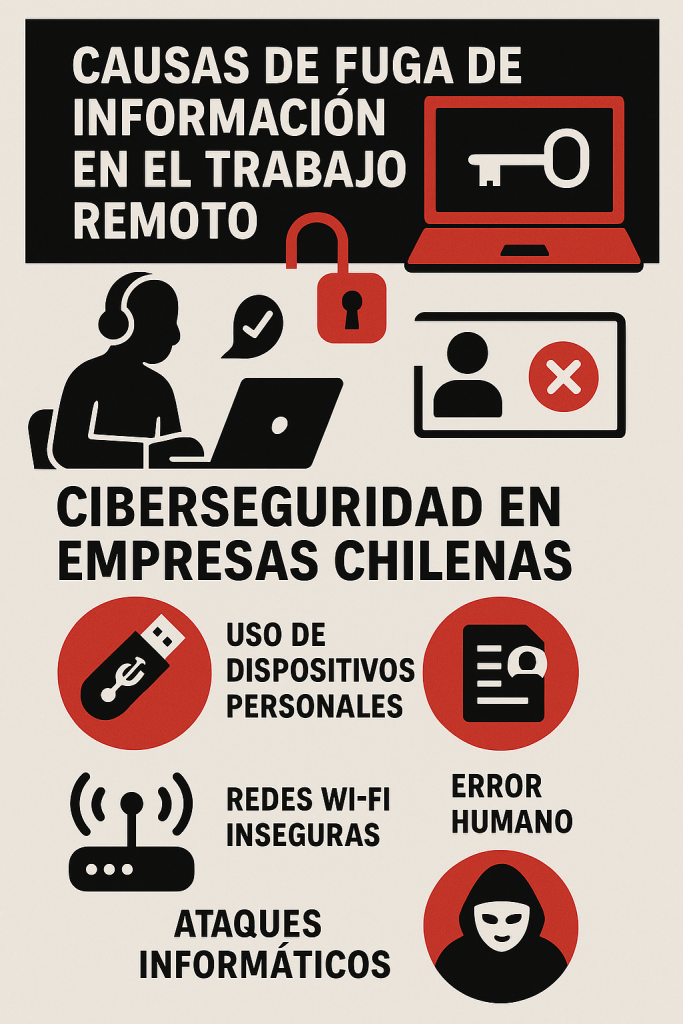 Infografía sobre causas de fuga de información en el trabajo remoto y ciberseguridad creada por IZAR Estudios (https://izarestudios.cl/)